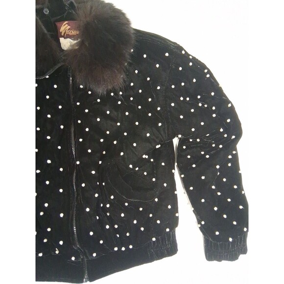 Vtg 80s 90s Black Velvet Embellished Women's Coat Fur Lined Pearls Small RonLee - Picture 3 of 7